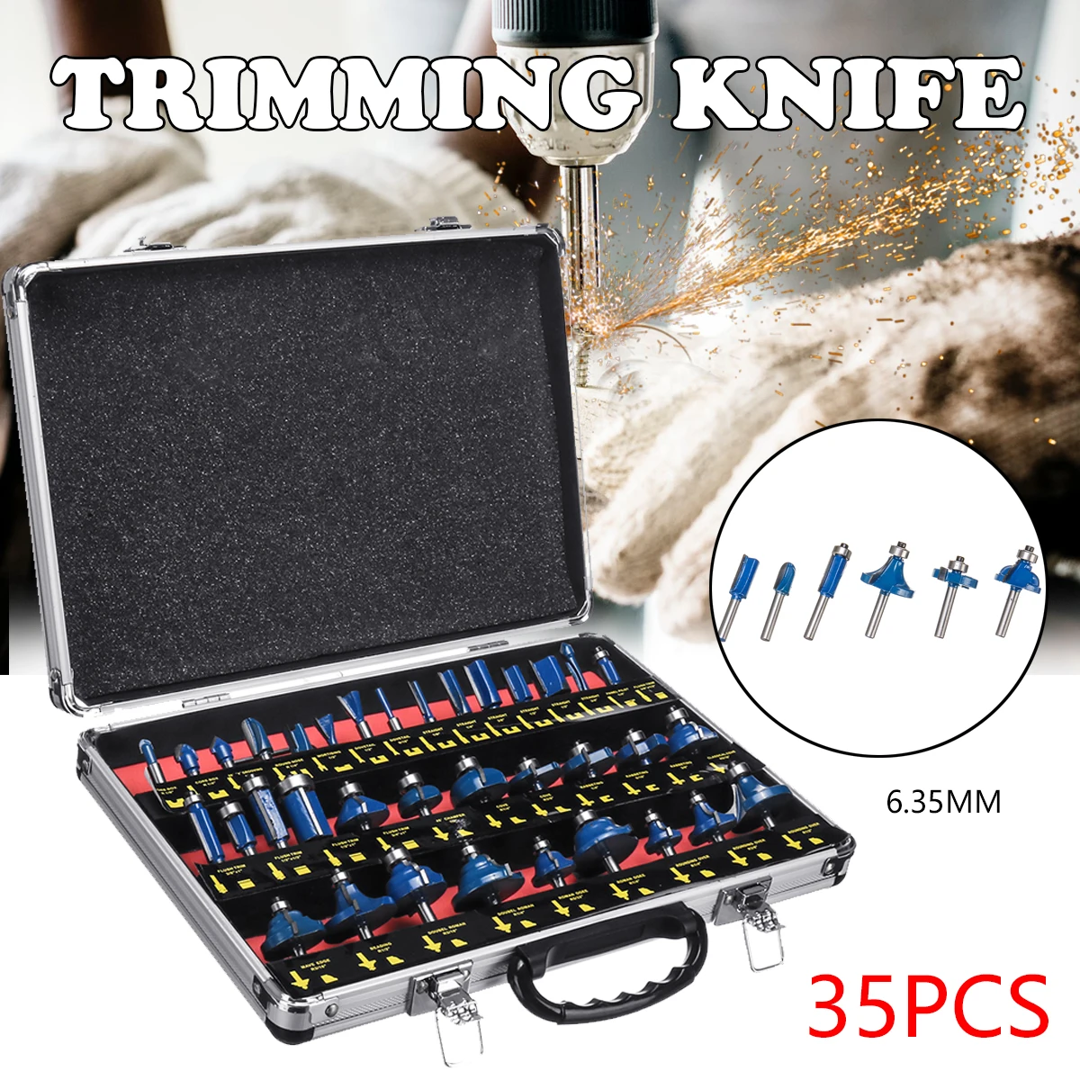 

35Pcs 6.35mm Shank Tungsten Carbide Router Bit Tools Wood Woodworking Cutter Trimming Knife Forming Milling Carving Cutting Set