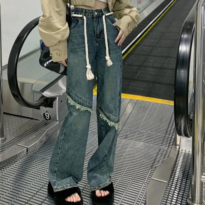 

Rimocy 2023 New High Waisted Jeans for Women Full Length Baggy Y2K Denim Pants Woman Blue Streetwear Straight Trousers Female