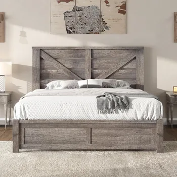 Queen Size Farmhouse Bed Frame with 49.2" Barn Door Headboard, Platform Bed Frame with Wood Slats 1