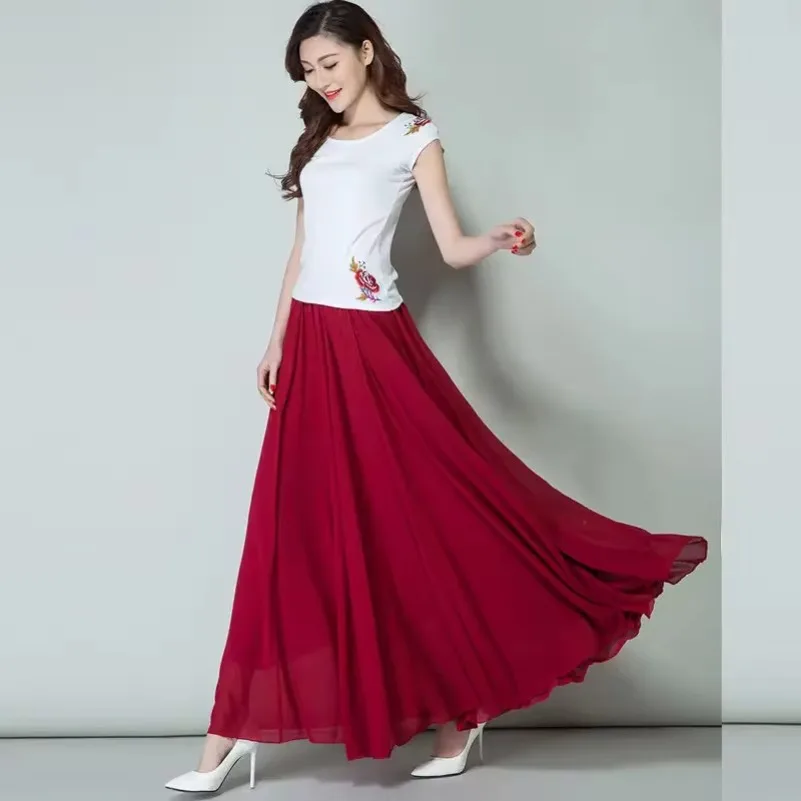 Women Summer Chiffon Dance Skirts Plus Size Full-Length Skirt High Waist Elegant Pink Black Red Royal Blue White Long Skirts 2