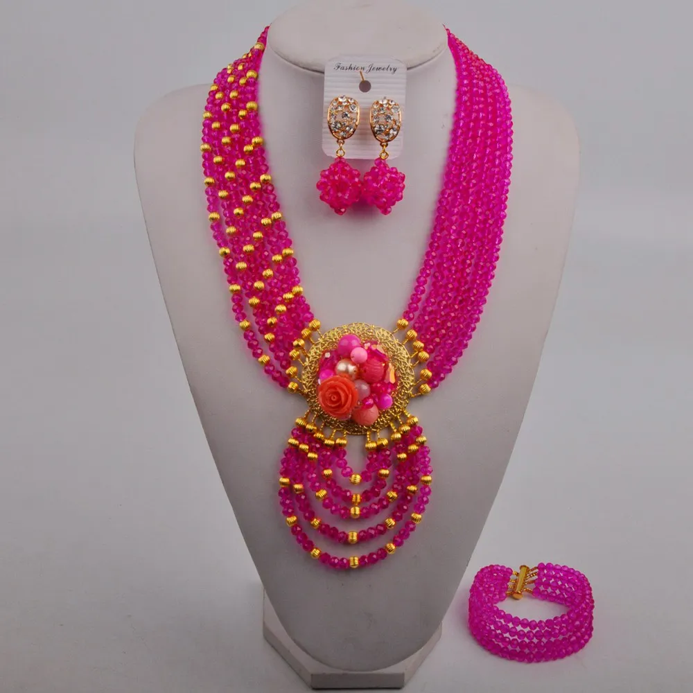 

Nigerian Wedding Beads Fuchsia Pink Costume Necklace African Jewelry Set for Women