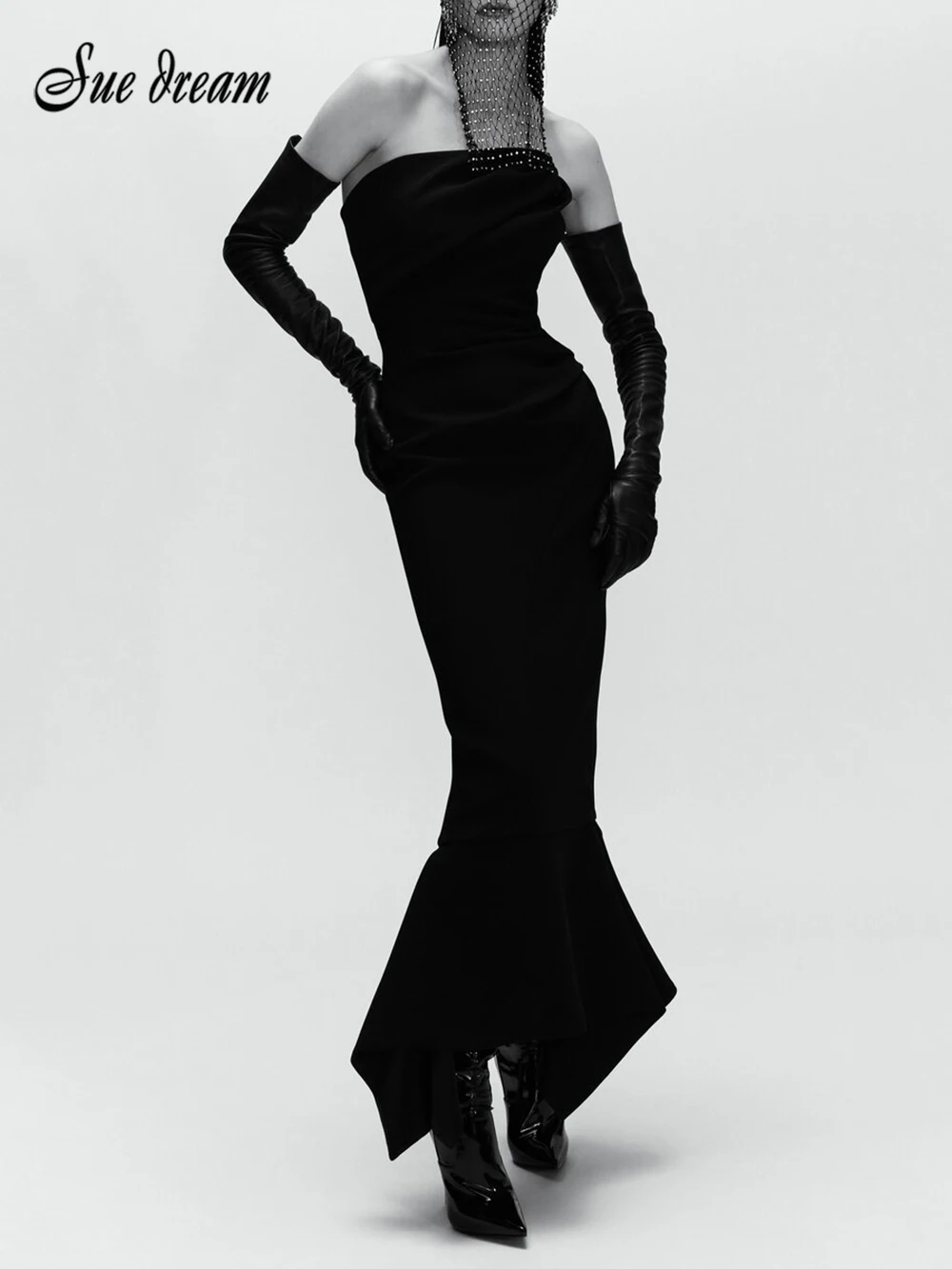 

2023 Summer New Elegant Dress For Women Strapless Sleeveless Slim Ruched Design Fishtail Long Black Evening Party Dresses