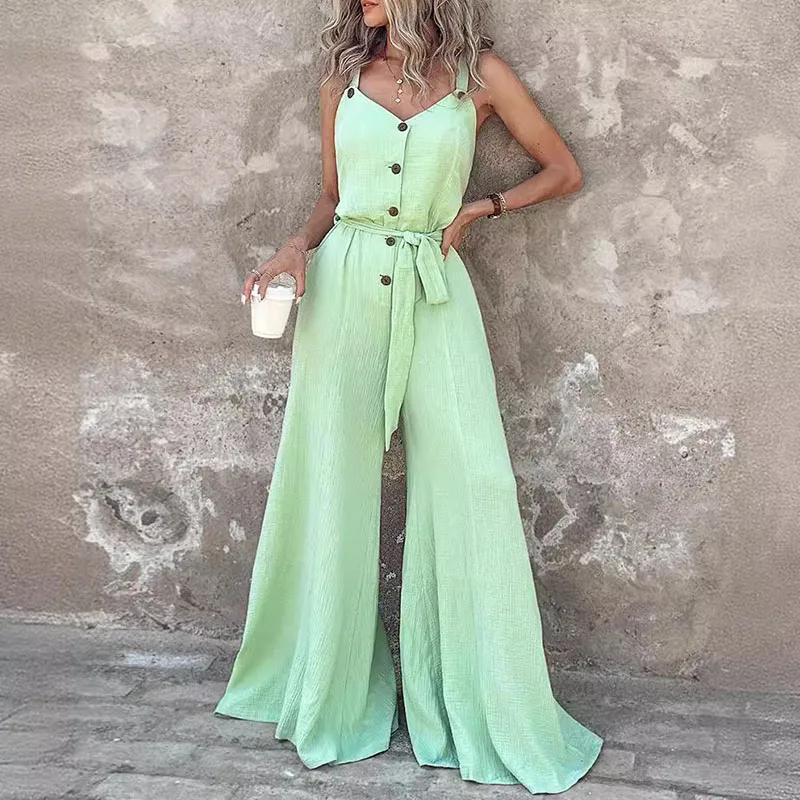 

Elegant Buttons Suspenders Jumpsuits Sexy V-neck Sleeveless Solid Long Playsuits Women Fashion Hight Waist Lace-up Loose Rompers