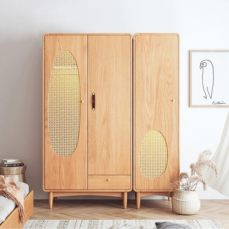 

Wind solid wood wardrobe household small bedroom lockers simple modern storage Nordic rattan wardrobe