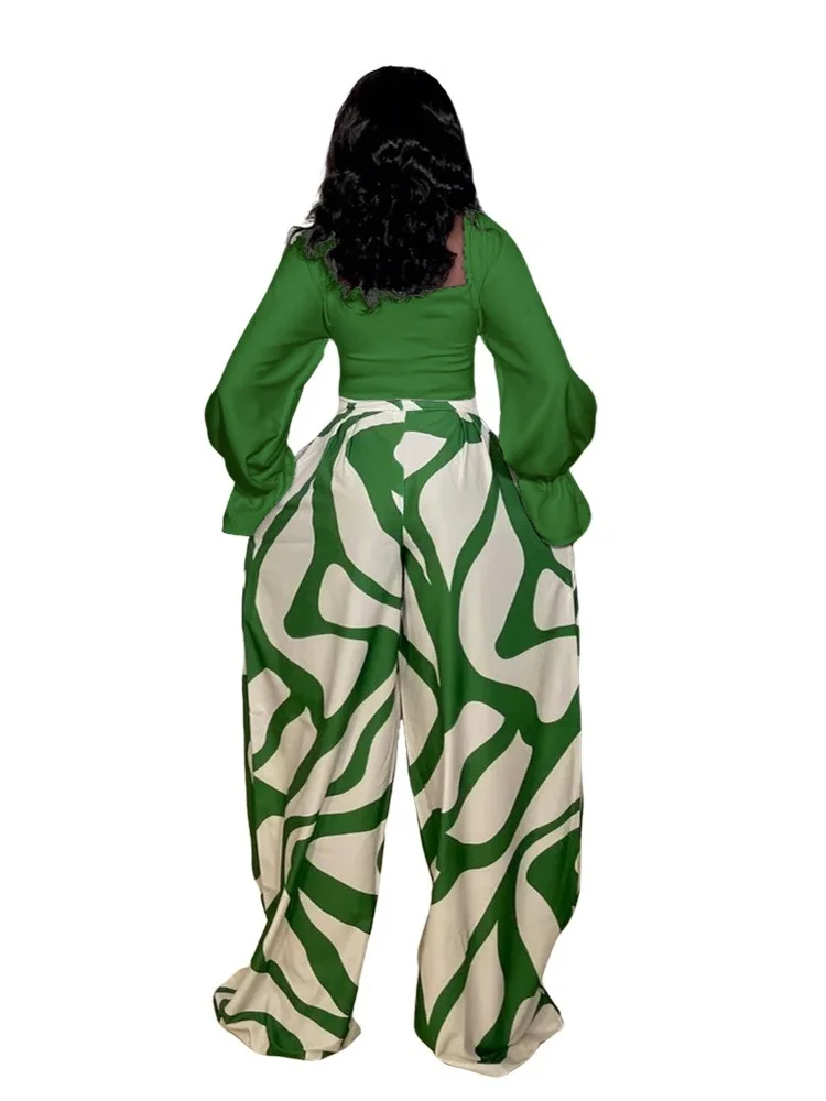 Wmstar Set Women Wholesale A Fashionable Casual Comfortable Twopiece Long Sleeved Top Paired with Loose Printed Wide Leg Pants