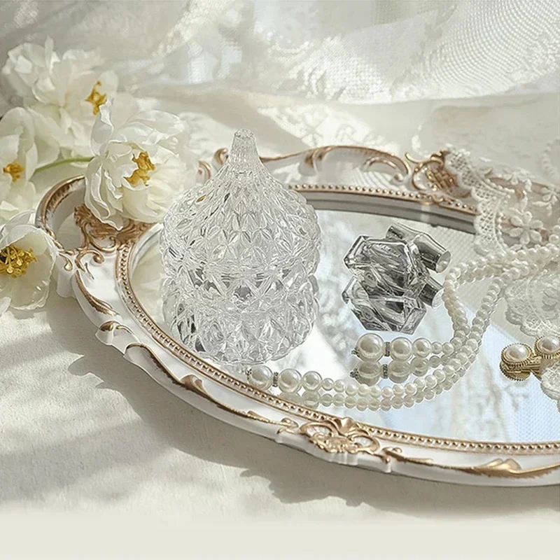 European Decorative Plate Storage Tray Portable Oval Plate Jewelry Display Decor Candy Tray Vintage Make Up Mirror
