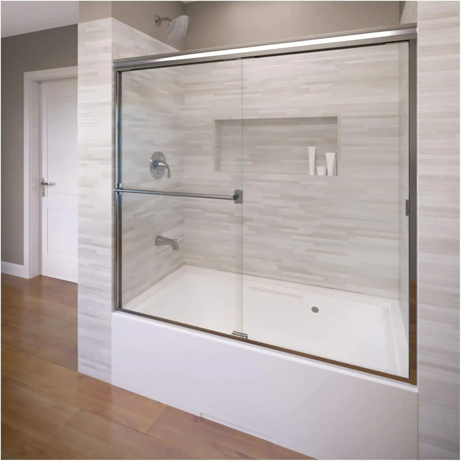 Classic Semi Frameless Sliding Tub Door Fits 56 60 ix 57 in Opening Clear Glass Silver Finish Shower bases not included
