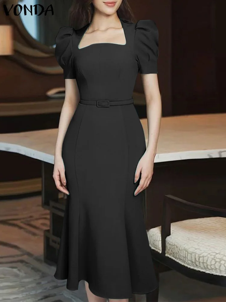 

2023 VONDA Elegant Women Fishtail Dress Sexy Sqaure Collar Summer Sundress Casual Short Puff Sleeve Belted Party Midi Vestidos
