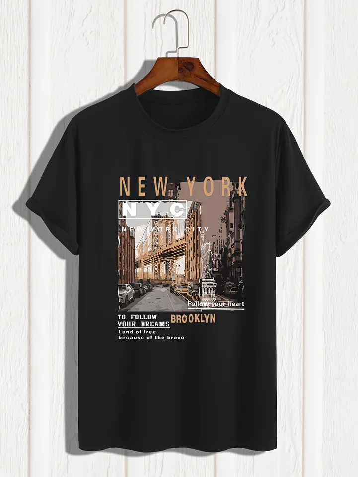 Hommes 100% Coton été Coupe Ample Décontracté New York Imprimé Col Rond Manches Courtes T-shirt Haut Col Rond Pactwork Décontracté T-shirt