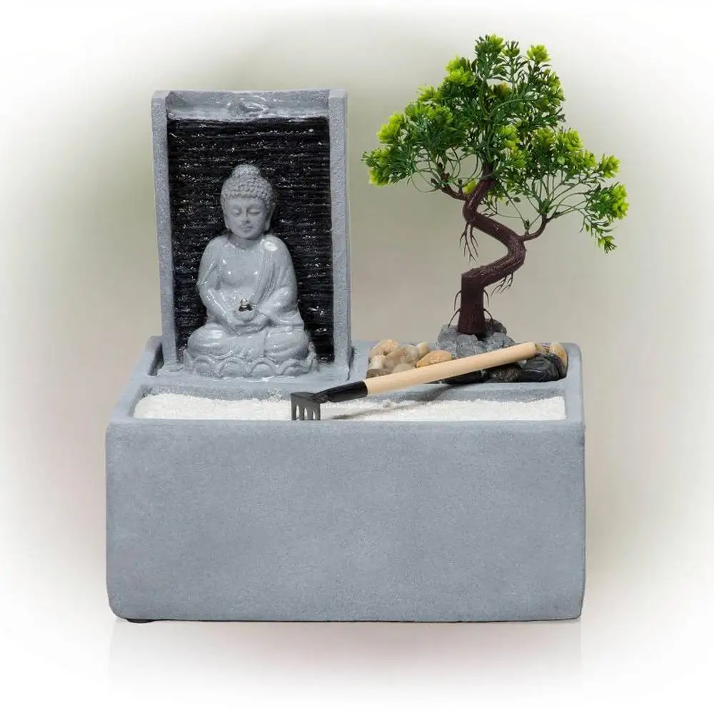 

12" Buddha Bonsai Garden Tabletop Fountain with LED Light - Natural Calming Design, Weather-Resistant, 3L Capacity - Indoor