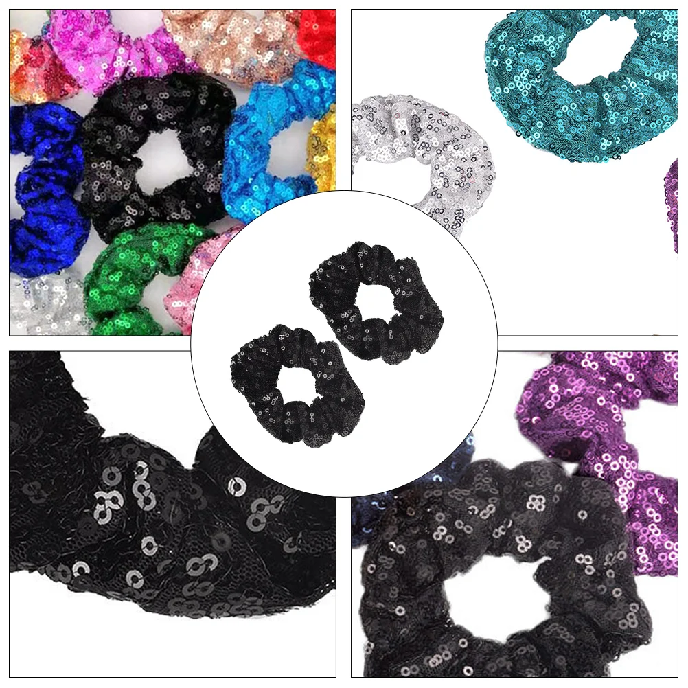 2 PCS Red Glitter Scrunchie Black Hair Scrunchies Christmas Sequin Tie Kids Headbands Girl Accessories Elastic Rope 3