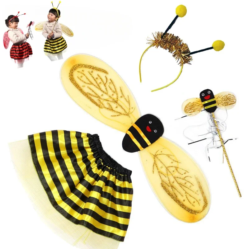 4Pcs/Set Ladybird Bee Wing Tutu Skirt Wand Headband Kid Fairy Costume Set Gifts for Girl Halloween Dress Up Festival Outfit