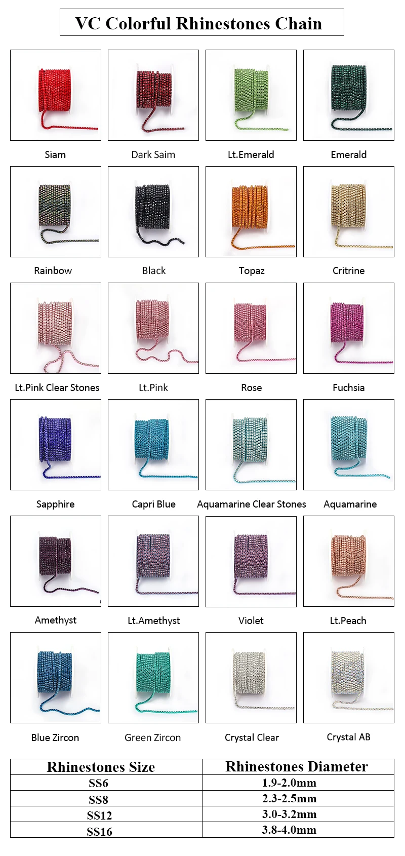 Description Picture 4 of itemVC Crystal SS6-SS18(2mm-4.5mm)Silver/Gold Base Clear Crystal Dense Rhinestone Chain Apparel Sewing Glass Rhinestone Cup Chain