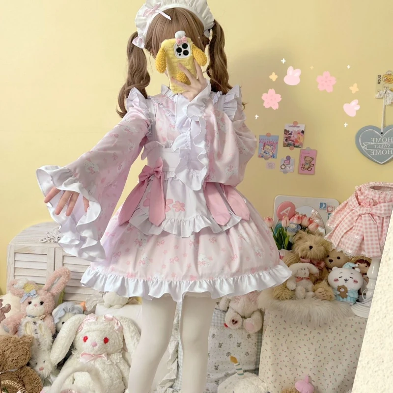 Japanese Kawaii Lolita Dress Women Sweet Cute Bunny Print Bow Party Mini Dresses Harajuku Y2k Ruffes Apron Maid Lolita Set