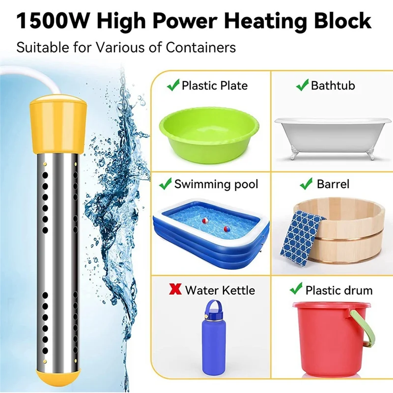A78E-Immersion Water Heater, 1500W Electric Submersible Water Heater with Timer, Stainless Steel Guard Cover EU Plug 4