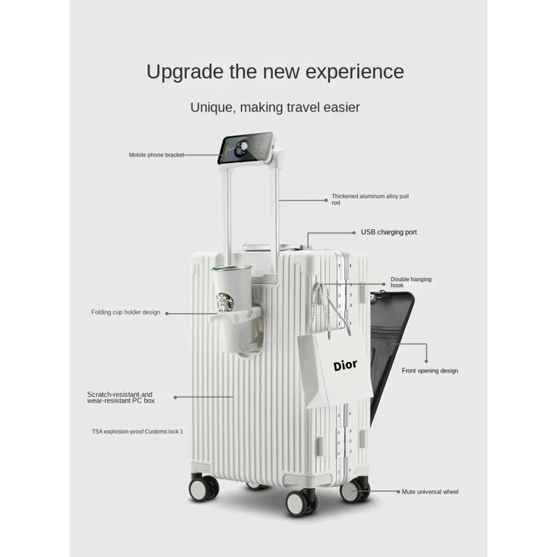 Multi-Function Luggage Front Opening Box Pc Aluminum Frame Password Trolley Case 20-Inch Universal Wheel Charging Suitcase