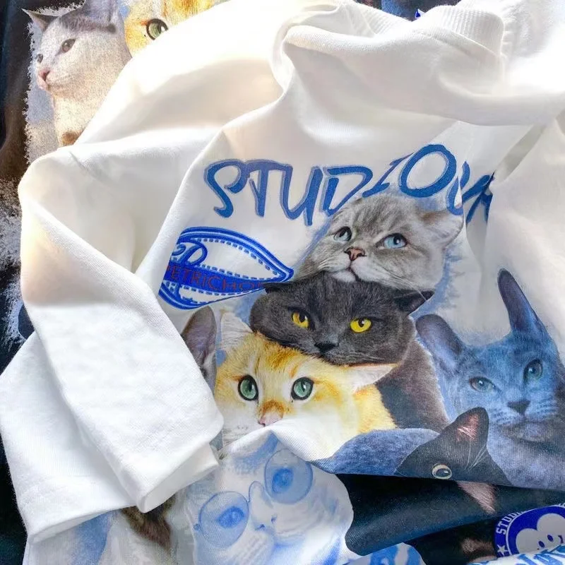 

Summer New Women T Shirt Cat Print V-neck Short Sleeve Blouse Fashion Cotton T-shirts for Women Clothing Y2k Female Tee Tops