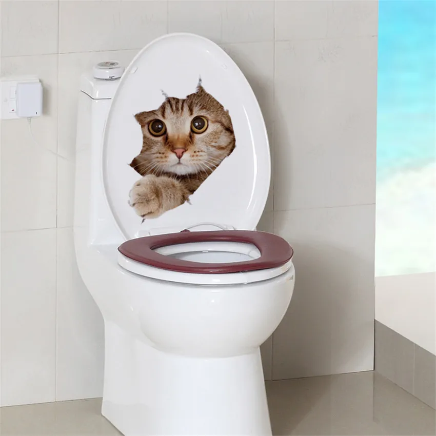 Vivid 3D Hole Cat Dog Toilet Stickers Home Decoration Diy Wc Washroom/Door Posters Kitten Puppy Cartoon Animals Wall Art Decals