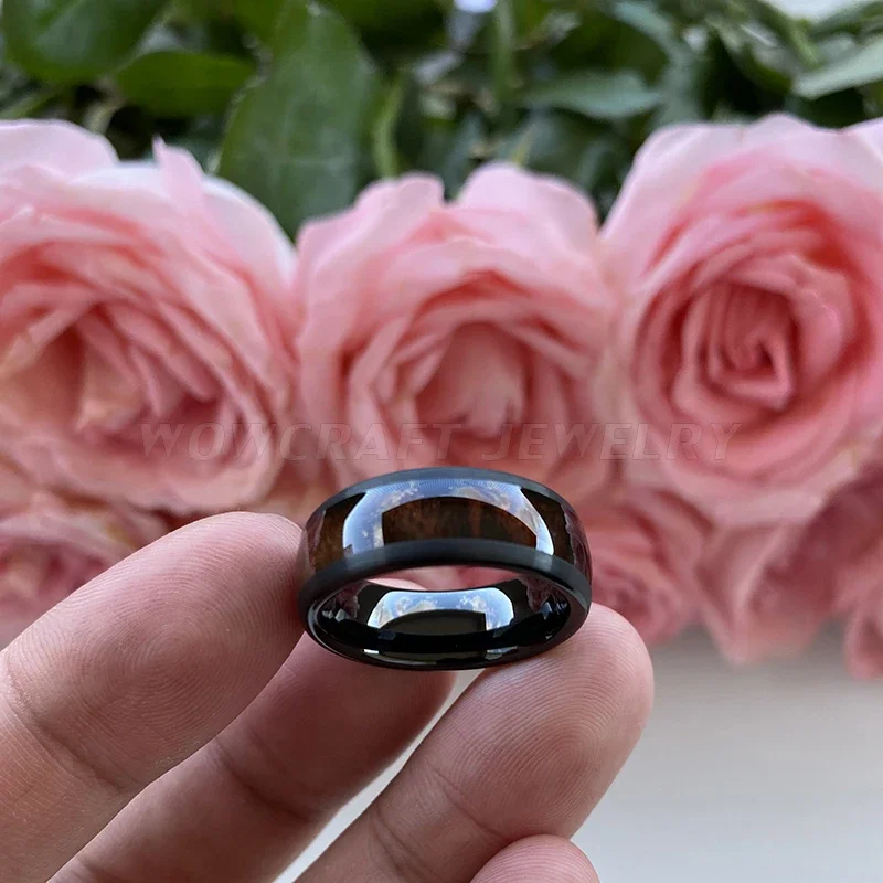 Black Tungsten Carbide Ring Men Women Band Domed Brushed Finish Black Ebony Wood Inlay Comfort Fit