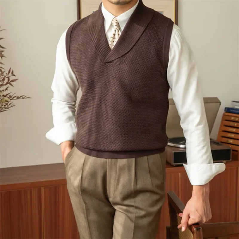 Spring and Fall Fashion Commuter Lapel Knitted Vest Casual Business Slim Fit Men Sweater Vest