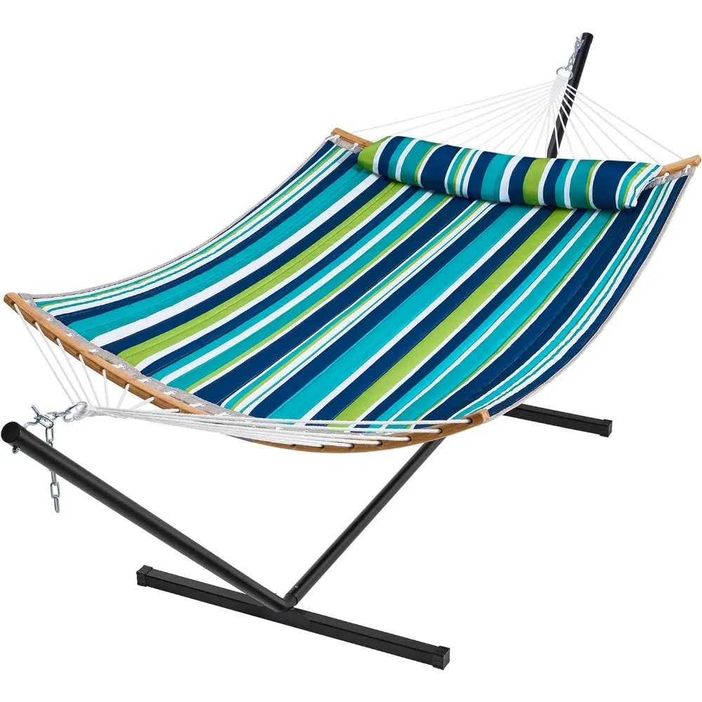 Hammock with Stand, 2 Person Heavy Duty Hammock with Padded Cotton, Detachable Pillow & Strong Curved-Bar