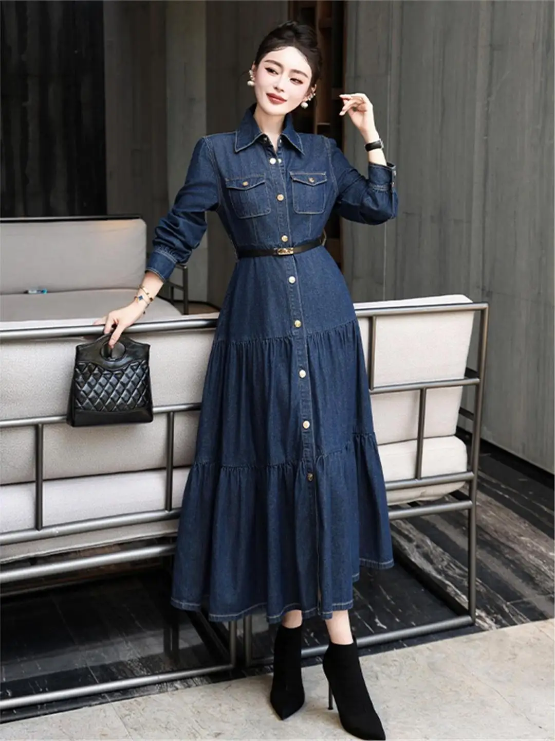 قميص نسائي قطن كم طويل ياقة كورية