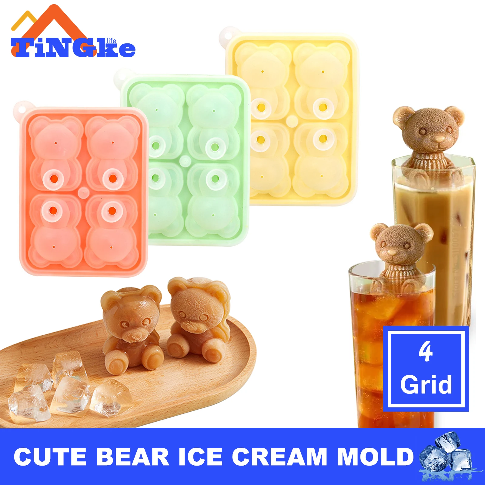 

4 Grids 3D Little Bear Shape Ice Cube Silicone Mold Chocolate Cake Mould Candy Dough Mold For Coffee Milk Tea Whiskey Ice Mold