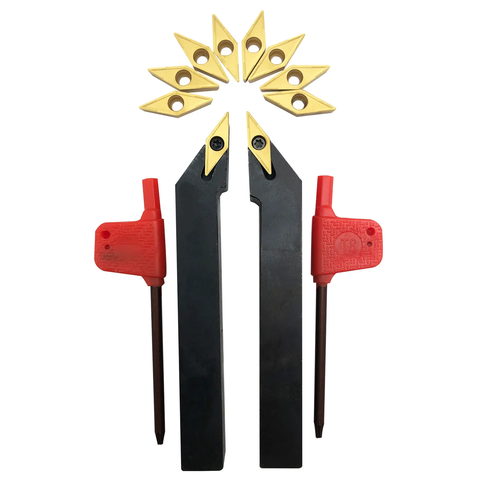 Set Portautensili Tornio 1/2'' (1,27 Cm) Con Inserti In Carburo VCMT110304 - Kit Tornitura Per Destrimani E Mancini, 2 Supporti + 10 Placchette + 2 Chiavi T8 - 4