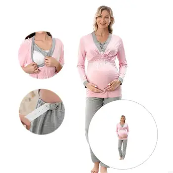 Moisture Wicking Fabric Maternity Loungewear Set V Neck Clothing for Breathable Clothing Pregnancy Home Wear Spring Autumn A2UB
