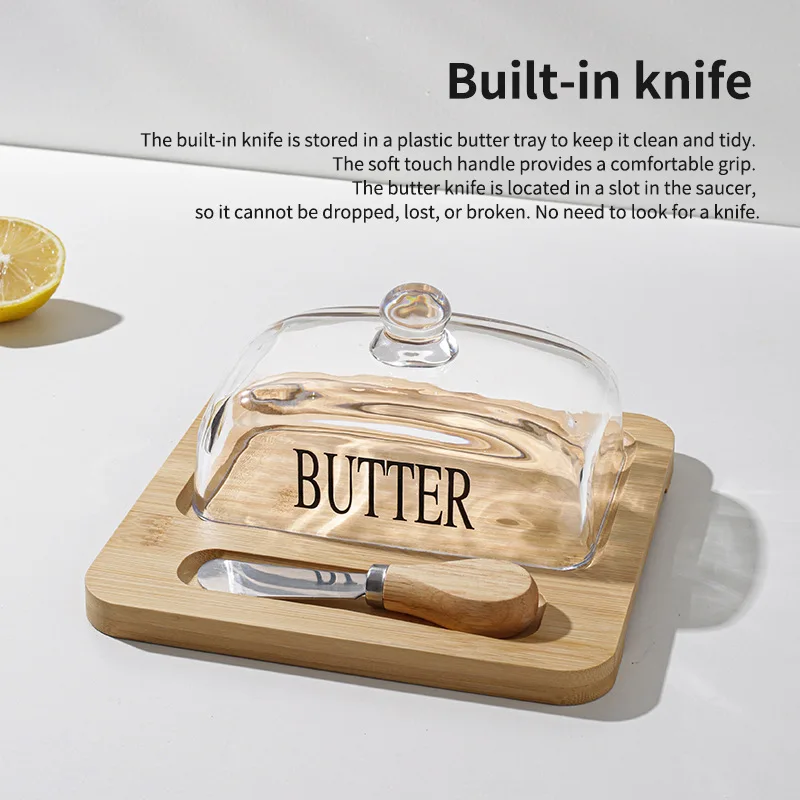 Wood Butter Dish With Glass Lid And Knife