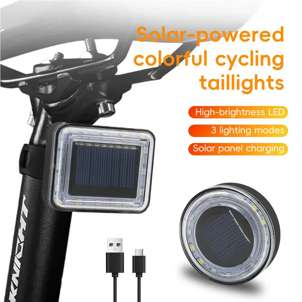 Solar Bicycle Tail Light Colorful Bicycle Rear Lamp Type-C Charging Bike Warning Taillight Cycling Accessories Easy to Install