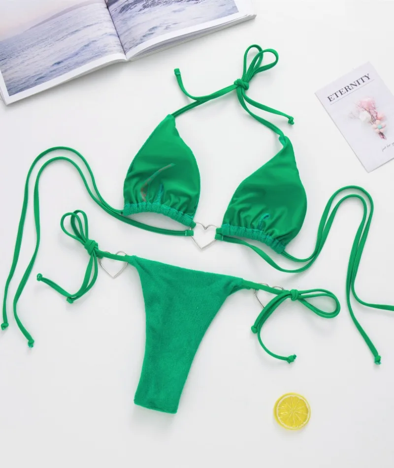 Summer Women Sexy Low Waist Swimsuit Two Pieces Push Up Tropical Solid Color Bikini