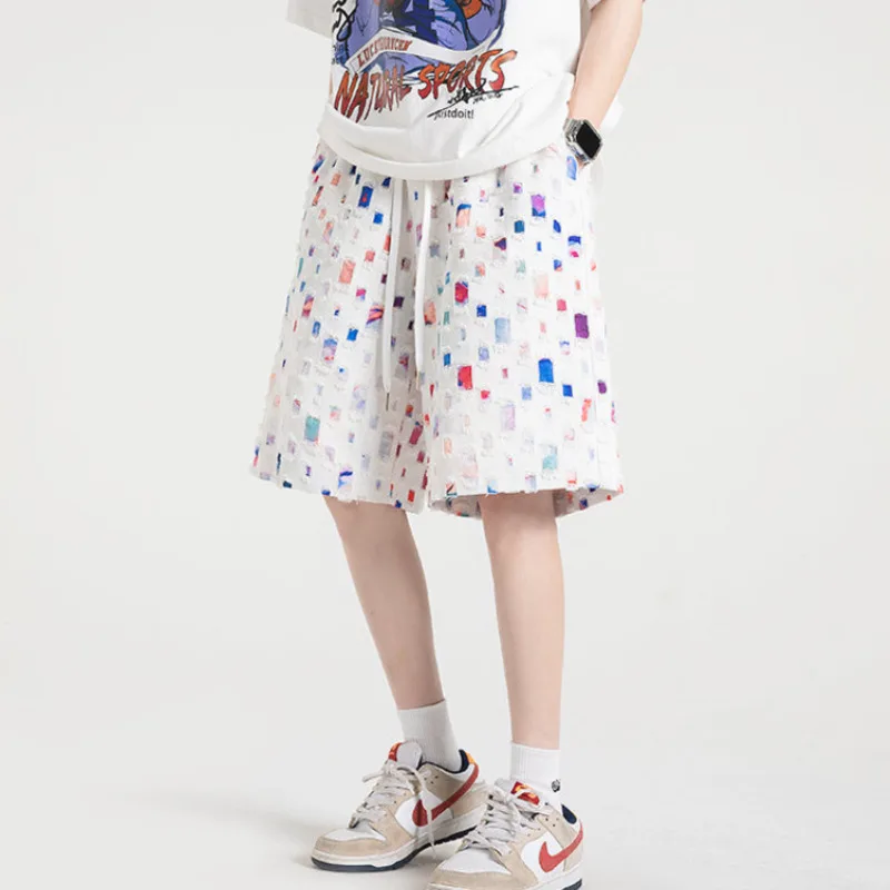 Summer Hole Shorts Men Fashion Retro Hollow Shorts Men Streetwear Hip Hop Loose Color Plaid Shorts Mens Beach Shorts M-5XL