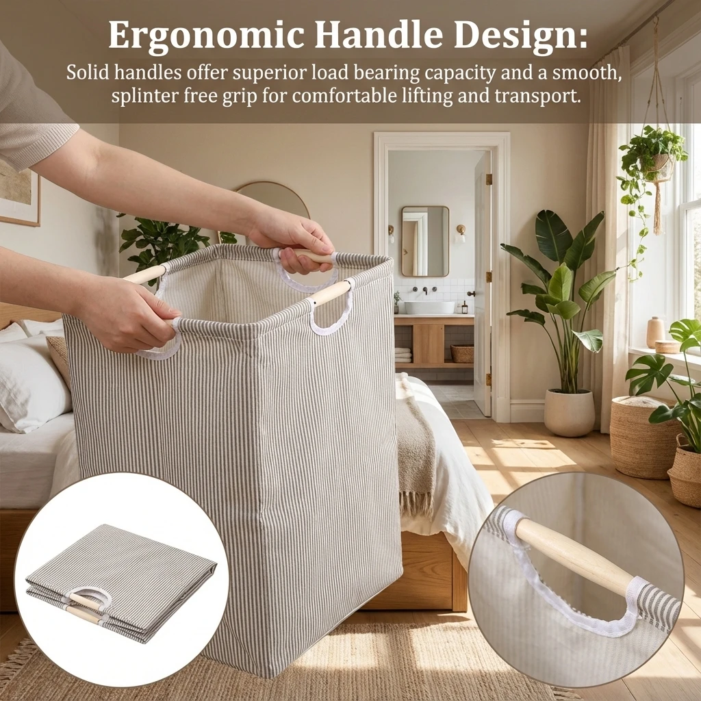 Foldable Cotton Linen Laundry Basket with Handles for Home Storage and Organization