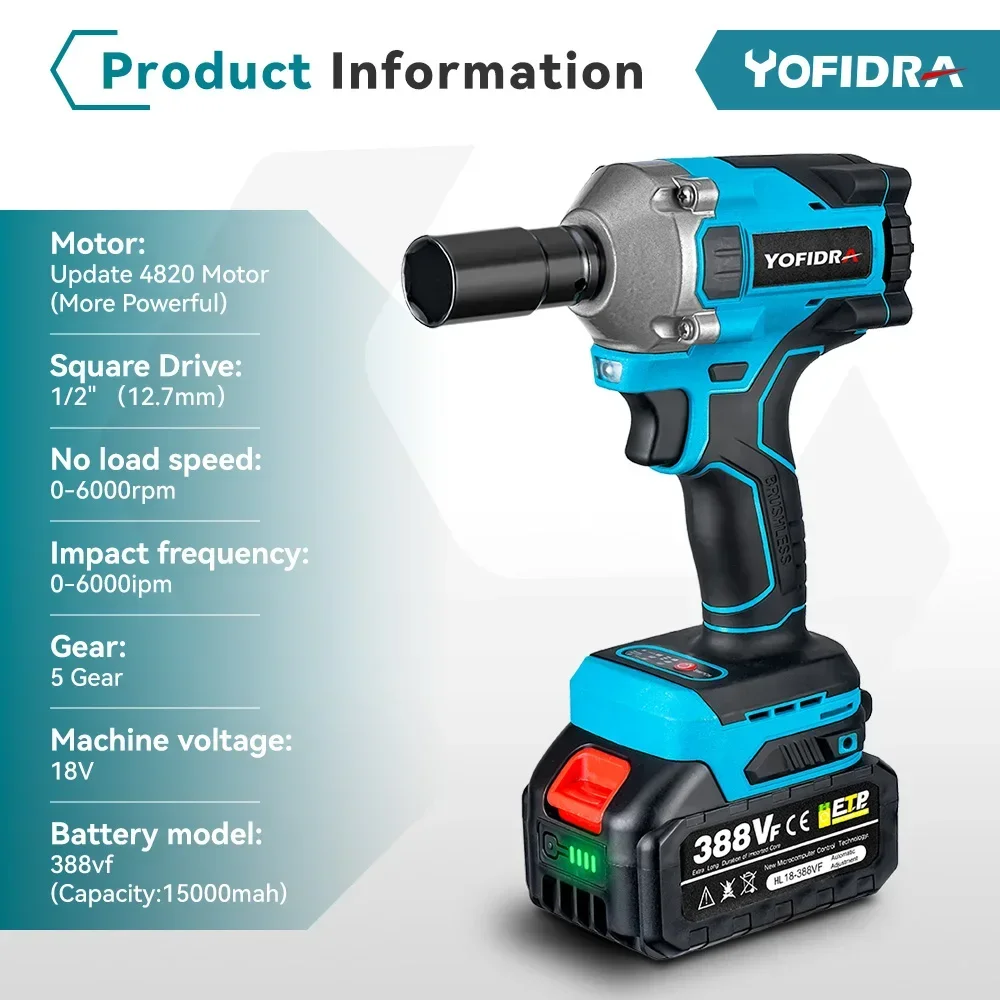 Yofidra 1000N.m 20V Brushless Electric Impact Wrench Cordless Wrench Socket 1/2 Inch Li-ion Battery For Makita 18V Battery