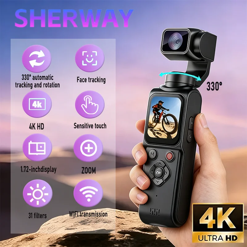 4K Wifi Action 330° Auto-rotate Len Pocket Camera 1.72" Touchscreen Zoom Sport Cam Portable Vlog Video Recorder Cycling_voghion.com