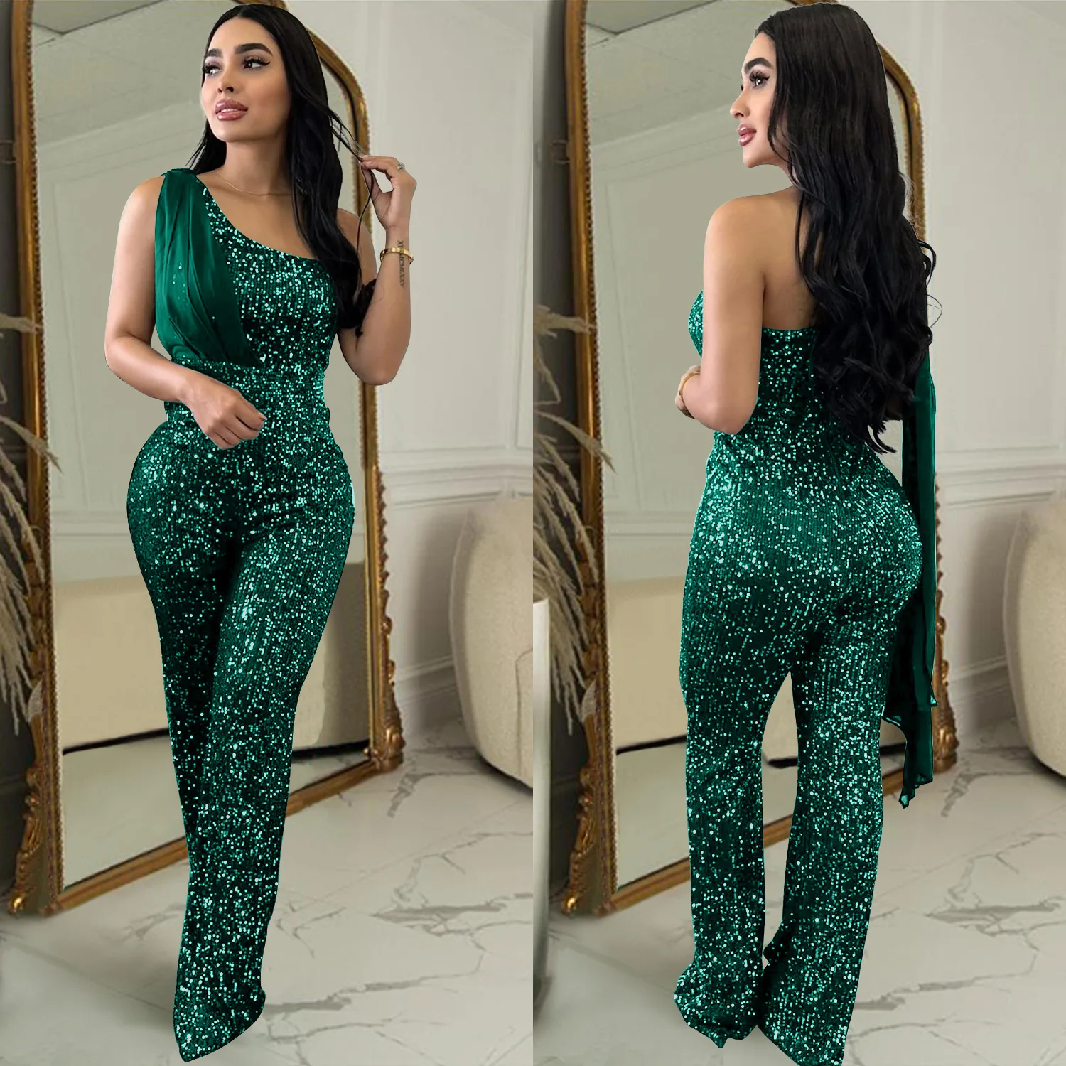 Sequin Luxury Street Jumpsuit Women Sleeveless Sexy Club One Piece Outfit Solid Straight Pant Female Fashion Party Jumpsuit