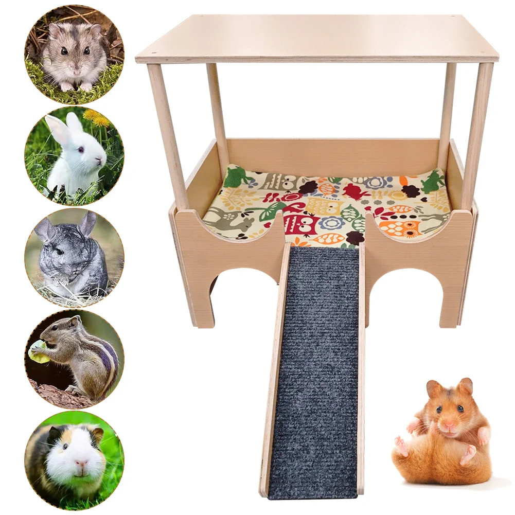 2-Tier Guinea Pig Hideout Wooden Guinea Pig Castle Small Animal House for Hamsters Bunny Chinchillas Playing Hiding