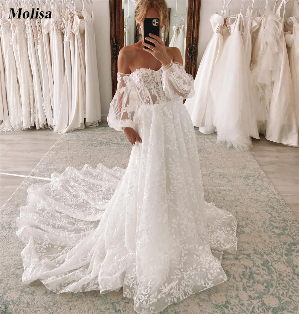 

Женское свадебное платье с открытыми плечами, кружевное простое платье невесты в стиле бохо с аппликацией и пышными рукавами, 2022