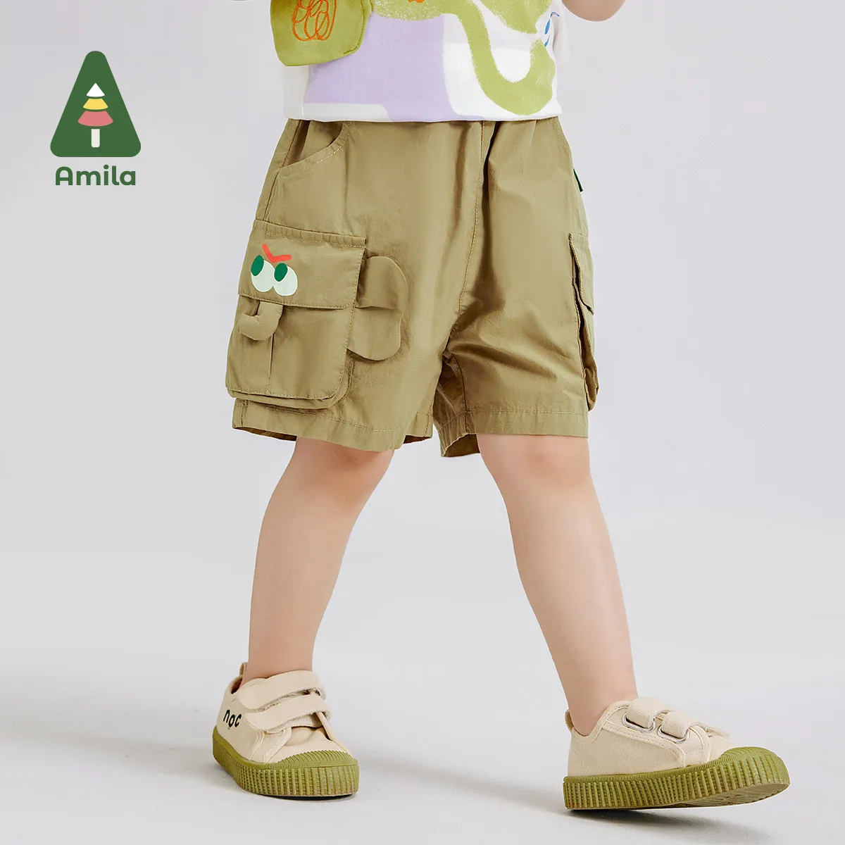 

Amila 2024 Summer New Boys Bottom 100% Cotton Solid Color Cartoon Elephant Pocket Cargo Quarter Pants