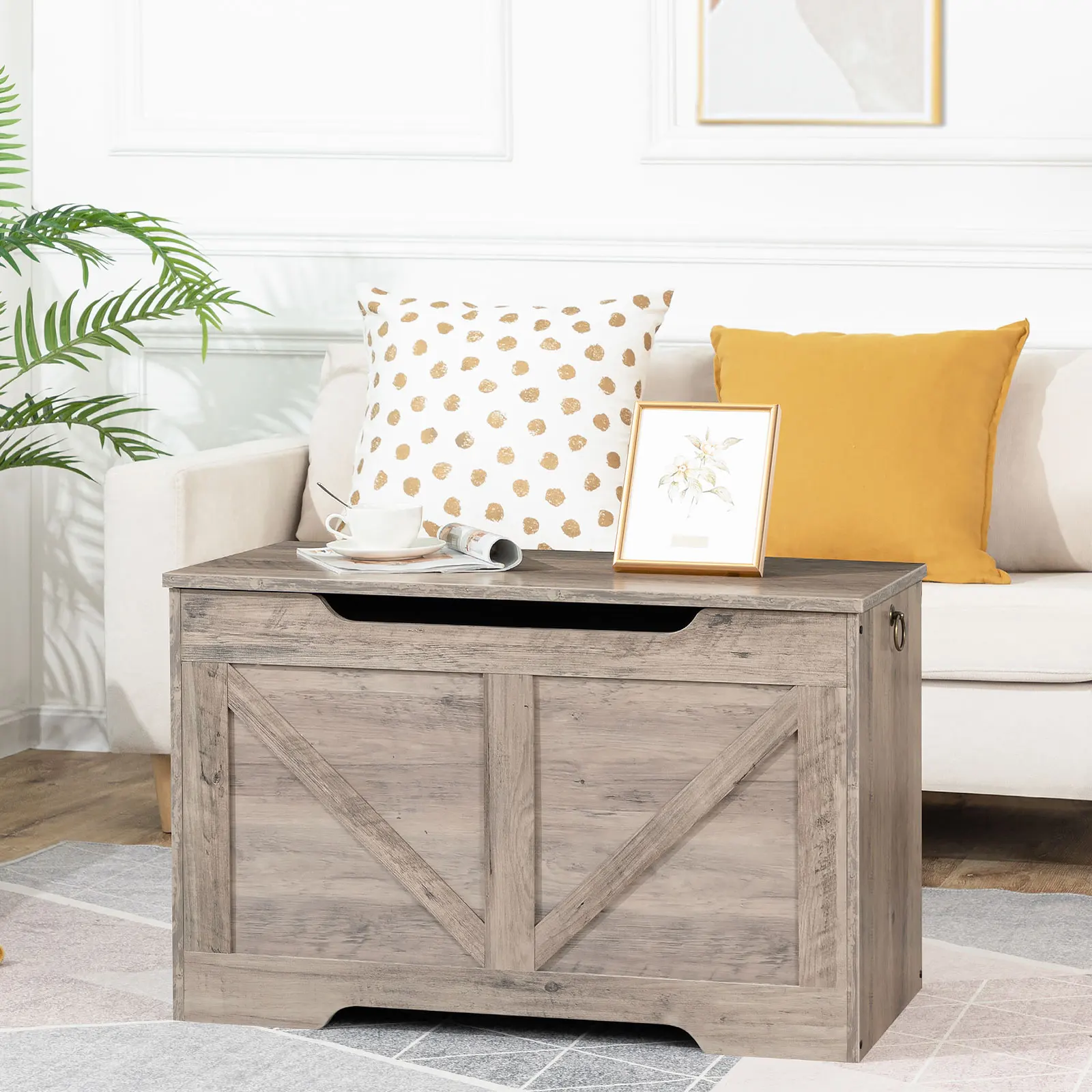 Storage Bench, 29.5&rdquo; Retro Wooden Storage Chest with U-Shaped Cut-Out Pull, Safety Hinge, Easy Assembly for Toy Box Organizer