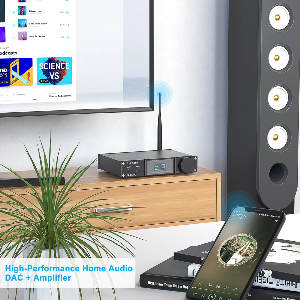Fosi Audio DA2120C Bluetooth 증폭기 120W x2 스테레오 HiFi 2.1 채널 무선 스트림 클래스 D 미니 파워 서브우퍼 USB DAC AMP