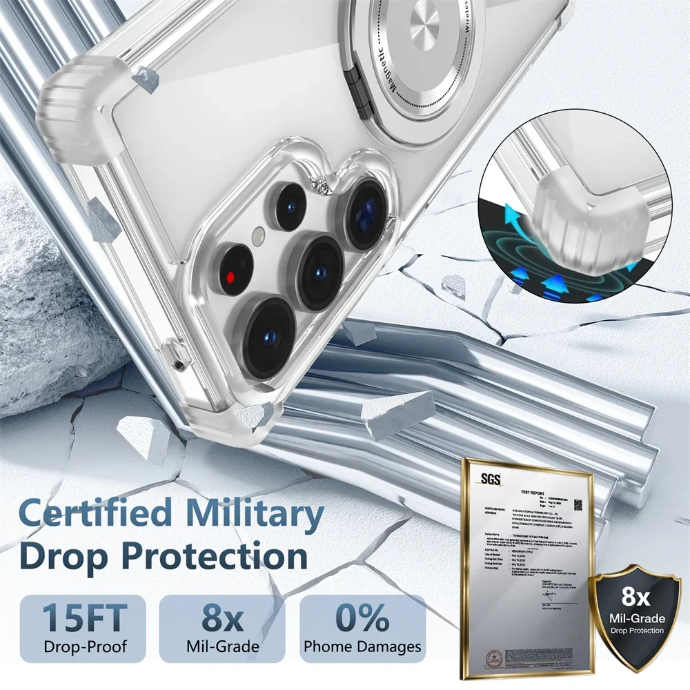 Rotating Magnetic Folding Stand Transparent Phone Case - Armor Shockproof Cover