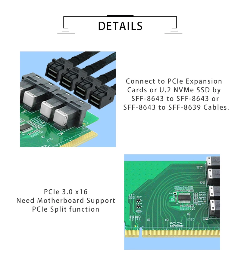 linkreal quad pcie para adaptador com suporte para tamanhos divididos