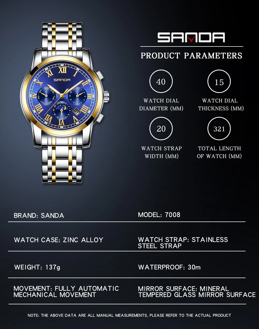 2023 SANDA New Selling Steel Band Calendar Men's Watch with Three Eyes Six Needles Multifunctional Fully Automatic Mechanical