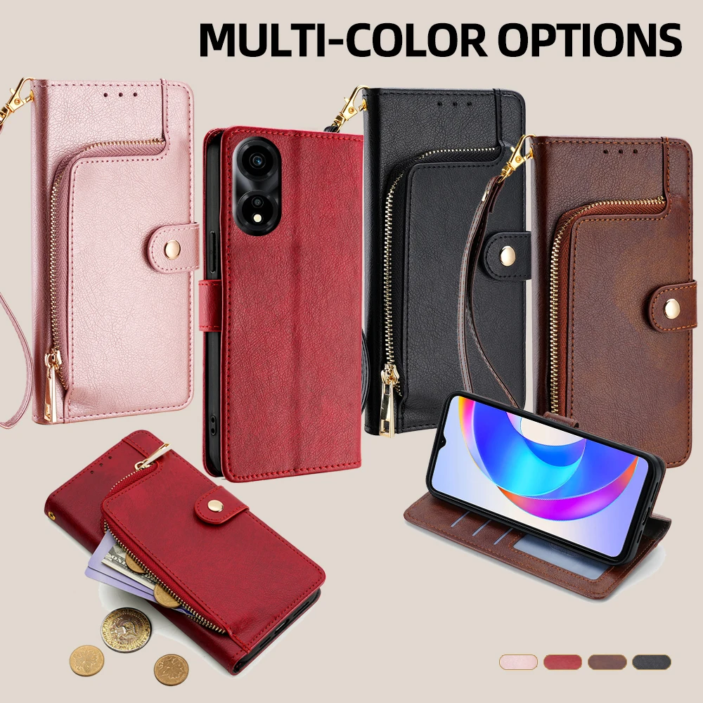 Leather Flip Phone Case with Zipper Wallet, Card Slots, and Lanyard