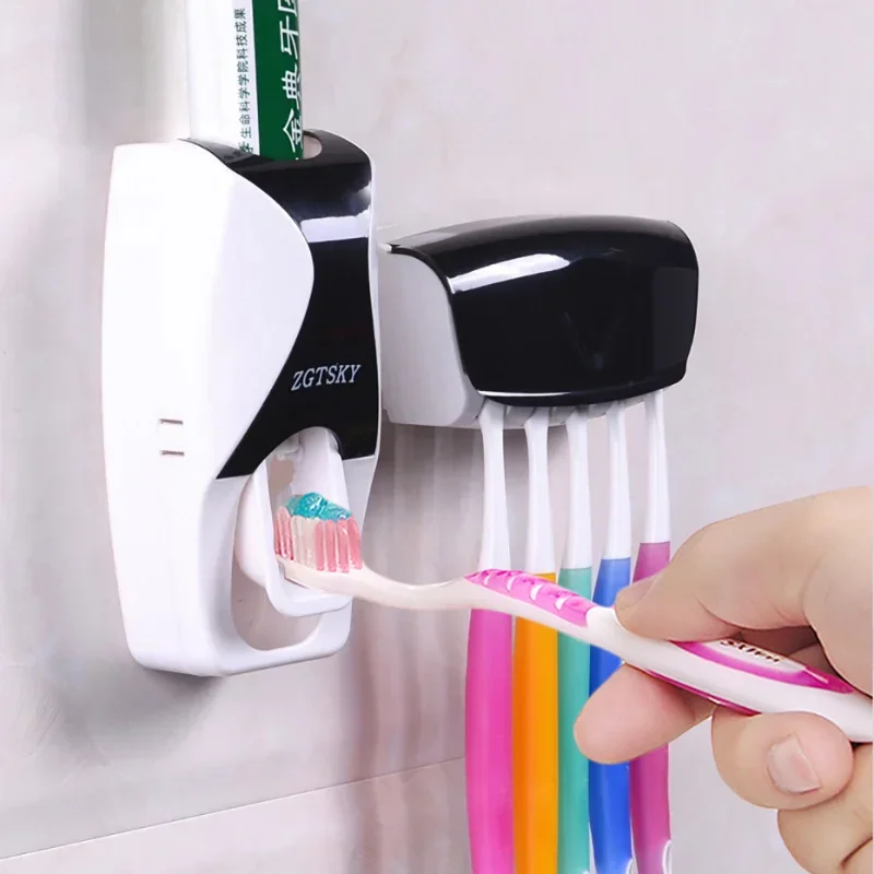 

Toothbrush Holder Automatic Toothpaste Dispenser Set Dustproof Sticky Suction Wall Mounted Toothpaste Squeezer for Bathroom