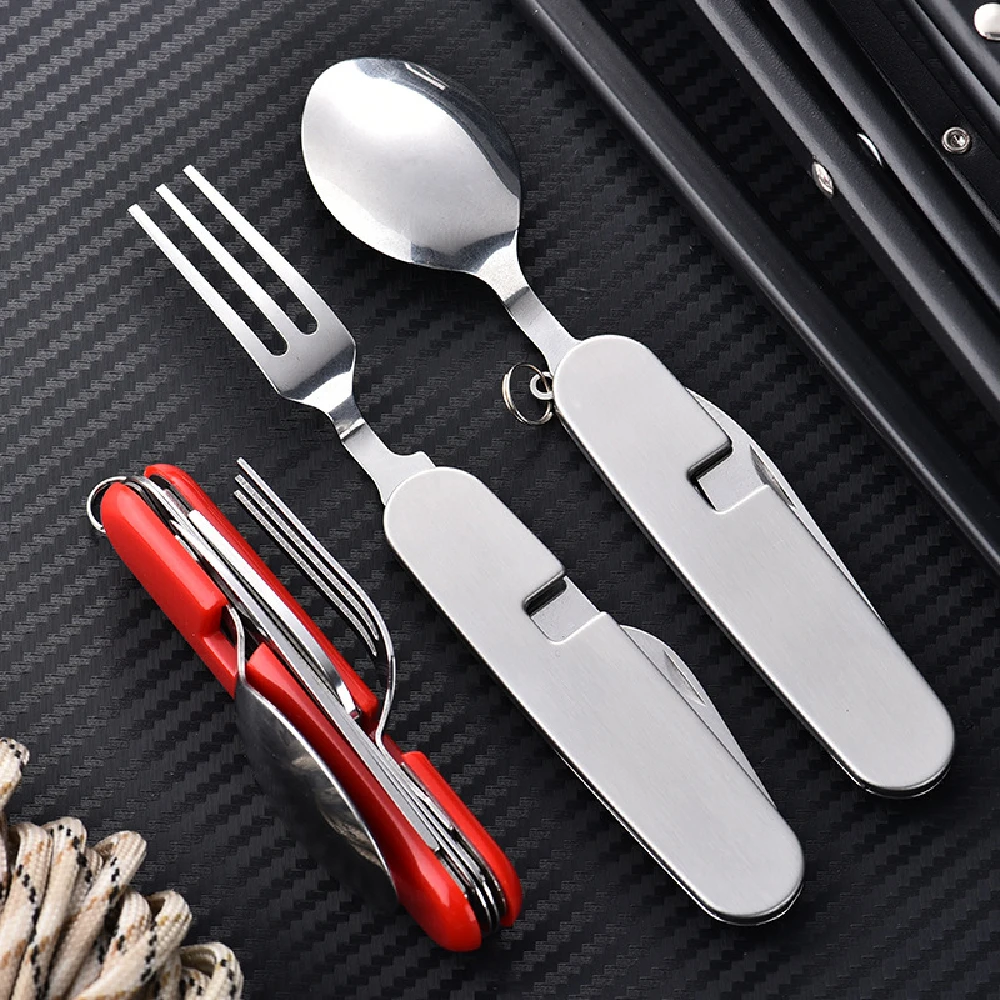 Foldable Camping Utensil 4 in Set Stainless Steel Fork,Knife,Spoon,Bottle Opener for Outdoor Meals, Camping,Backpacking,Hiking