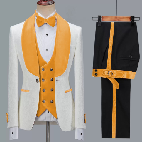 Floral Jacket Men Suit Slim Fit Wedding Tuxedo Navy Blue Velvet Lapel Groom Party Suits Costume Homme Best Man Blazer - Orange, M