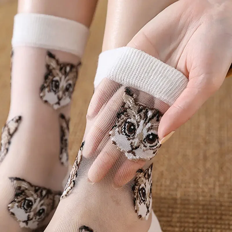 Women Transparent Cute Cat Socks Kawaii Ladies Japanese Fashion Korean Trendy Summer Thin Crystal Silk Sock Glass Fiber Stocking